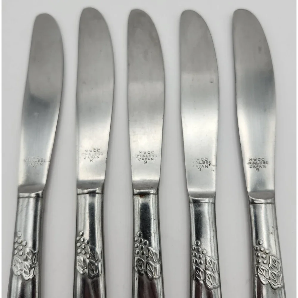 MWCO Dinner Knives Set 5 Silver Grape Vine Pattern Stainless Japan MCM Farmhouse